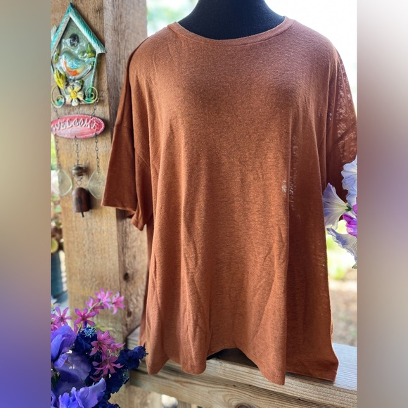 Aerie Oversized Cinnamon Soft Linen Blend Pullover Crew Loose Tee - Picture 1 of 9